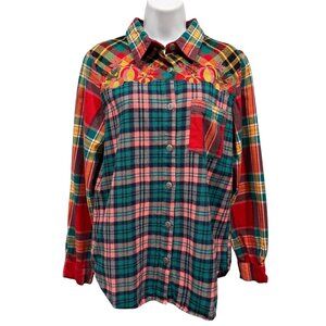 VTG Blair Mixed Plaid Flannel Embroidered Pumpkins Women S Cottagecore Boho Folk
